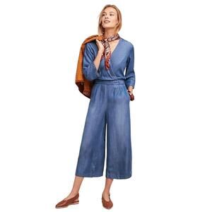 Cloth & Stone Anthropologie Blue Chambray Cropped Wide Leg Jumpsuit Size XS